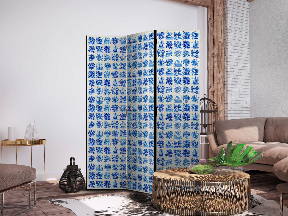 PARAVENT Einseitig Bedruckter 3-tlg 135x172 cm blaue Pflanzen - Blau, Holz/Textil (135/172/3cm) - Muralo