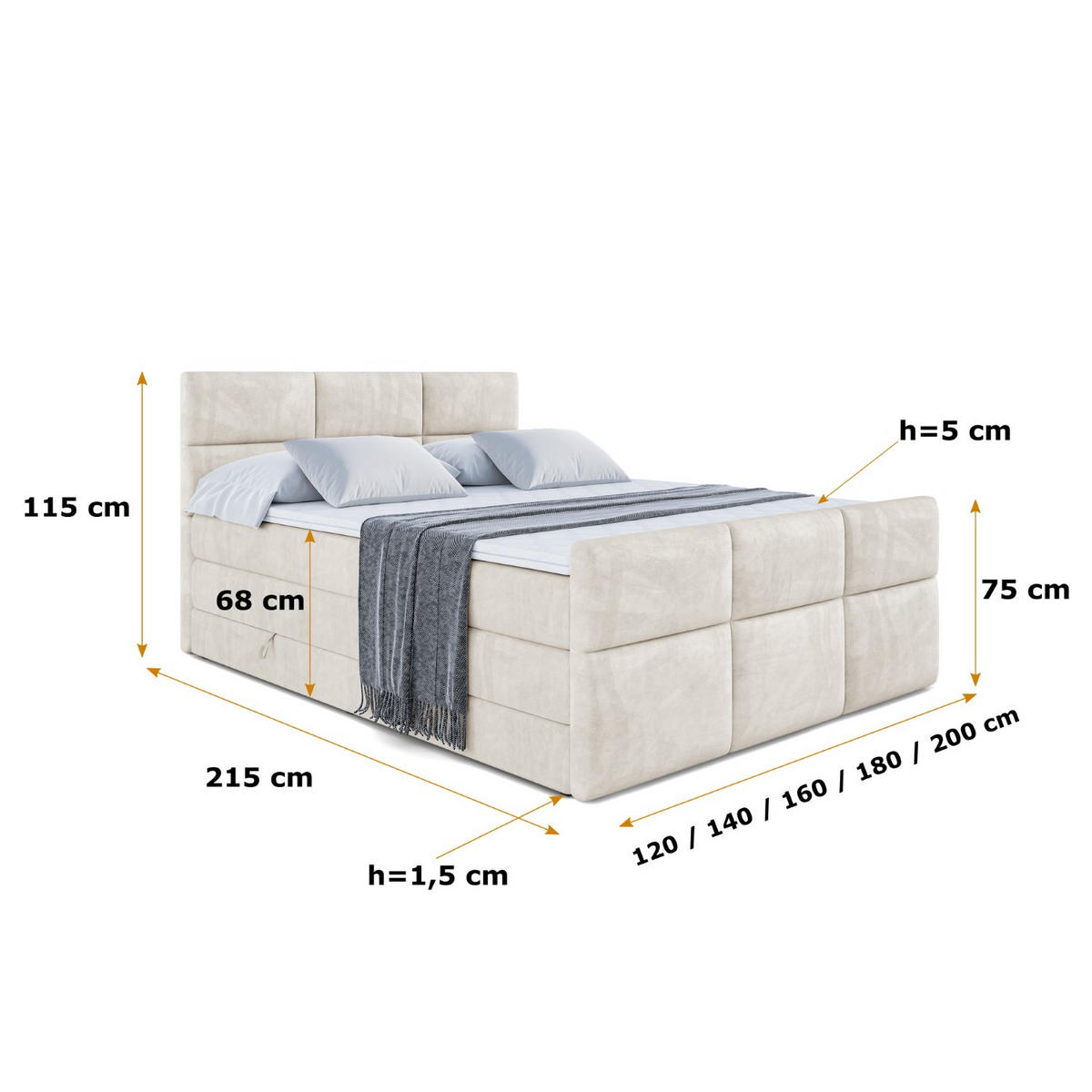 BOXSPRINGBETT OHIO-Z KING - 120x200 - H3/H4 - Creme - Creme, Holzwerkstoff (120/200cm) - ALTDECOR