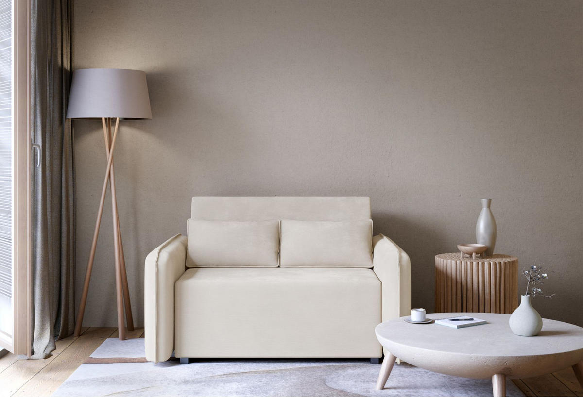 2-SITZER SCHLAFSOFA Duelia Hellbeige, hydrophobe Chenille - Ecru/Schwarz, Textil/Metall (144/85/124cm) - Selsey