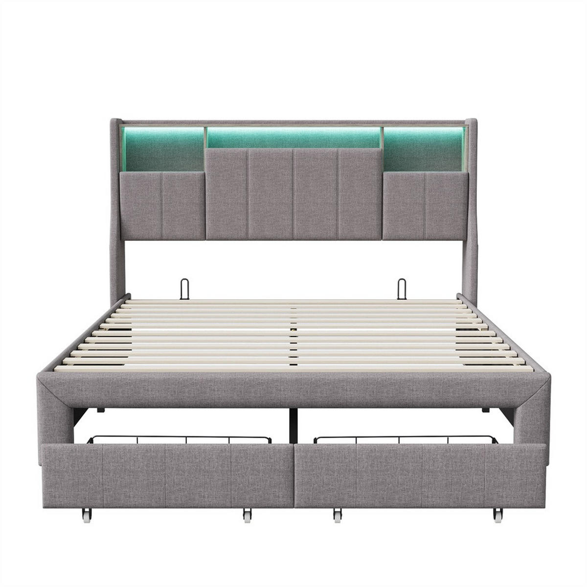 POLSTERBETT 160x200 cm mit LED-Ohrenkopfteil, Ablagefächern, Seitentaschen und 2 schubladen - ohne Matratze - Grau - Grau, Textil (160/200cm) - DELFA