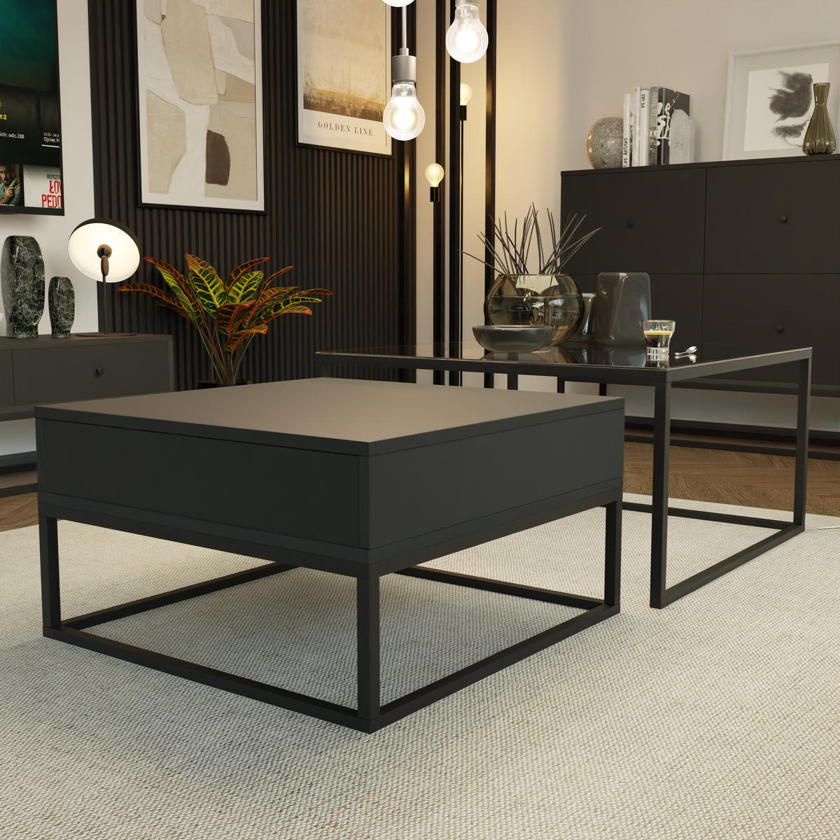 COUCHTISCH quadratisch Schwarz, MDF/Glas Tischplatte, Rahmen Schwarz - Schwarz, Glas/Holzwerkstoff (70/70/42cm) - Idohome