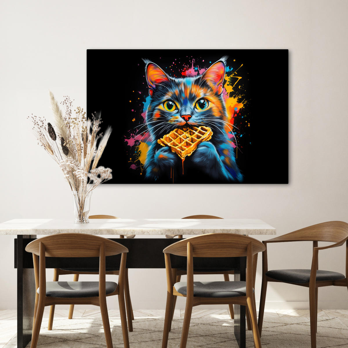 LEINWANDBILD Katze - Graffiti - Bunt - Waffel - Essen Wohnzimmer 120x80 cm - Türkis, Textil (120/80cm) - MuchoWow