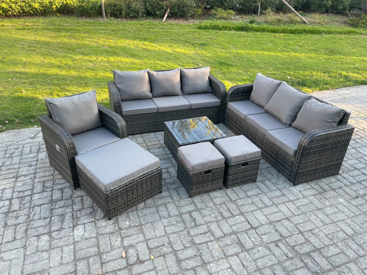 GARTENMÖBEL SET mit 3-SITZER SOFA Polyrattan Dunkelgrau 10-Sitzer - Dunkelgrau/Grau, Glas/Kunststoff - Fimous