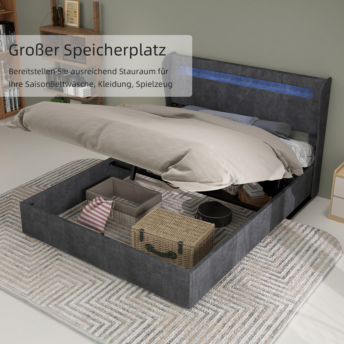 POLSTERBETT 140x200 cm LED Stauraum grau - Grau, Textil (140/200cm) - LEBENLANG