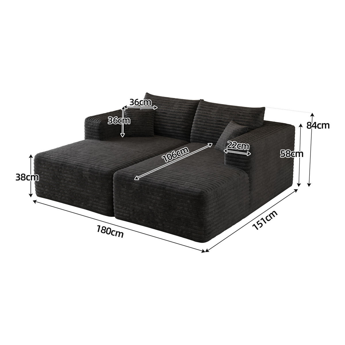SCHLAFSOFA DE-34891 mit Chaiselongue Schwarz - Schwarz, Textil (151/180cm) - ComfortXL