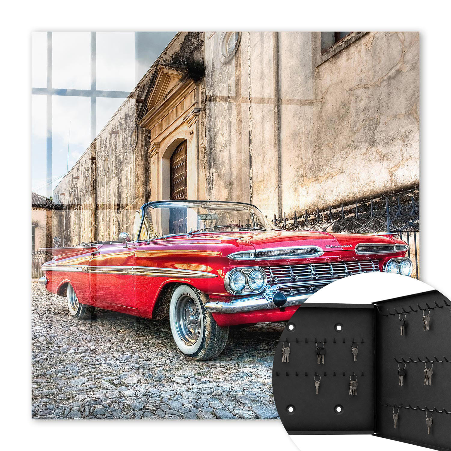 SCHLÜSSELBOX Schwarz 30x30 cm- Türöffnung nach rechts - Retro-Auto - Rot, Metall (30/30/5cm) - TULUP