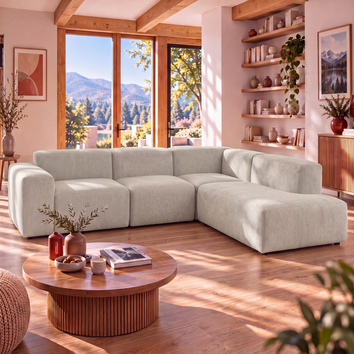 4-SITZER modulares Ecksofa HEAVEN SET 2 Rechts, Breite 300 cm Webstoff Olivgrün - Schwarz/Olivgrün, Holz/Kunststoff (245/300cm) - Muffo