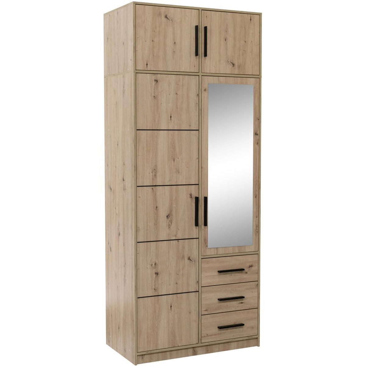 DREHTÜRENSCHRANK Kavo mit Aufsatz, Spiegel und 2 Türen, eiche Sonoma - Schwarz/Sonoma Eiche, Holzwerkstoff (100/245/58cm) - Beautysofa