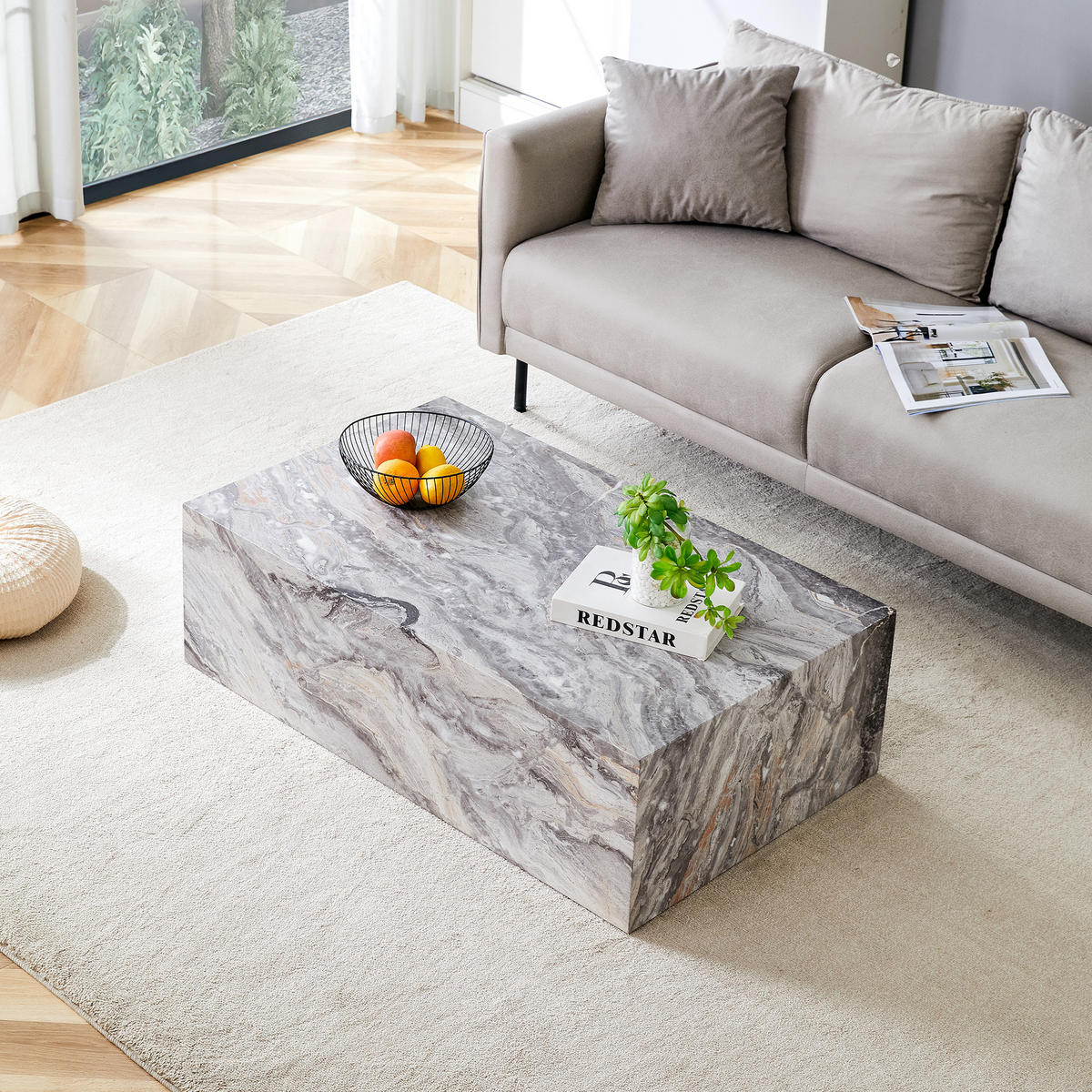 COUCHTISCH in Grau Wohnzimmertisch mit Marmorimitat-Textur für Wohnzimmer, B90/T50/H30 cm - Grau, Holzwerkstoff (50/90/30cm) - STILVORA