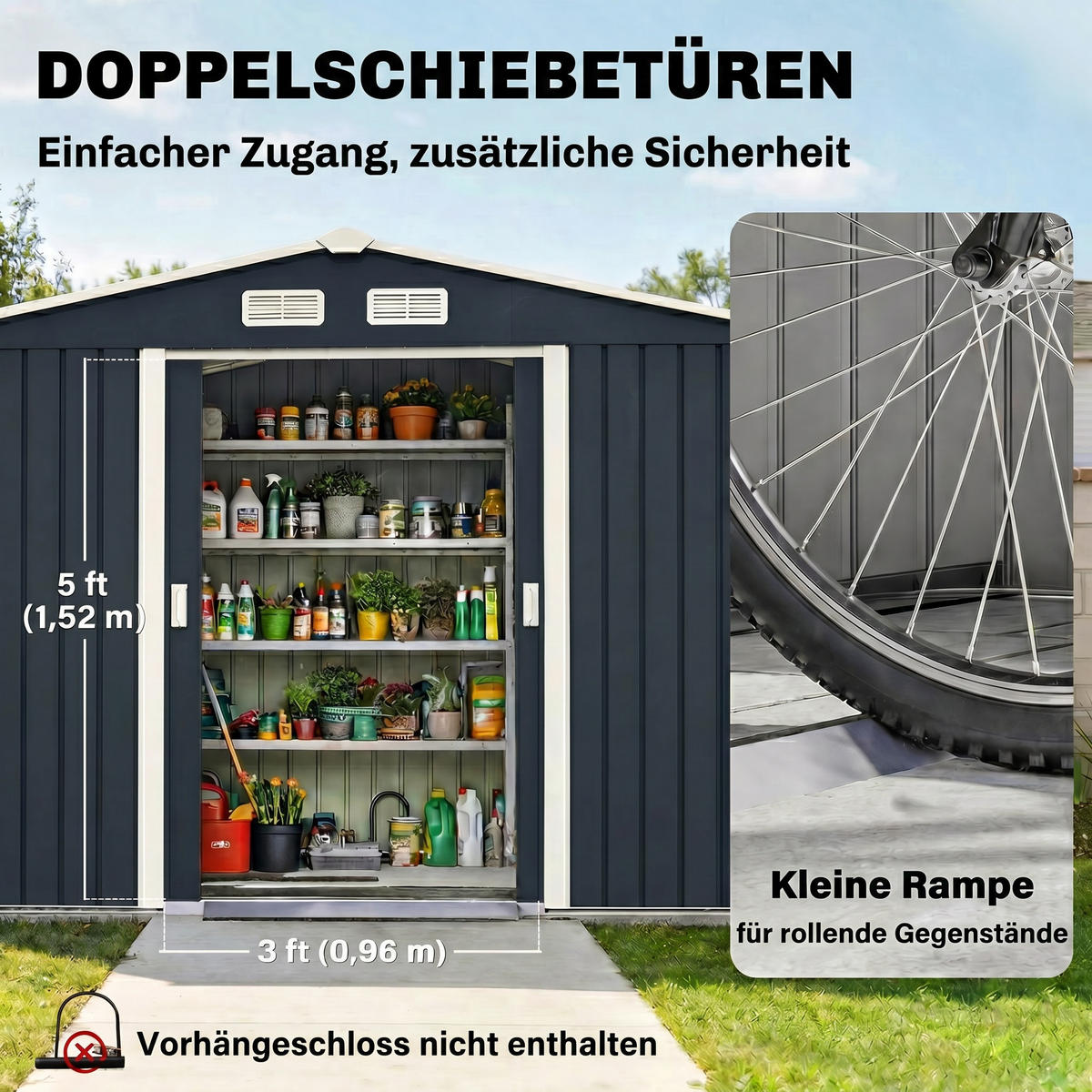 GERÄTEHAUS DE-16834 5,4 m² mit Schiebetür & Fundament-Set Dunkelgrau - Dunkelgrau, Metall (195/192/277cm) - ComfortXL