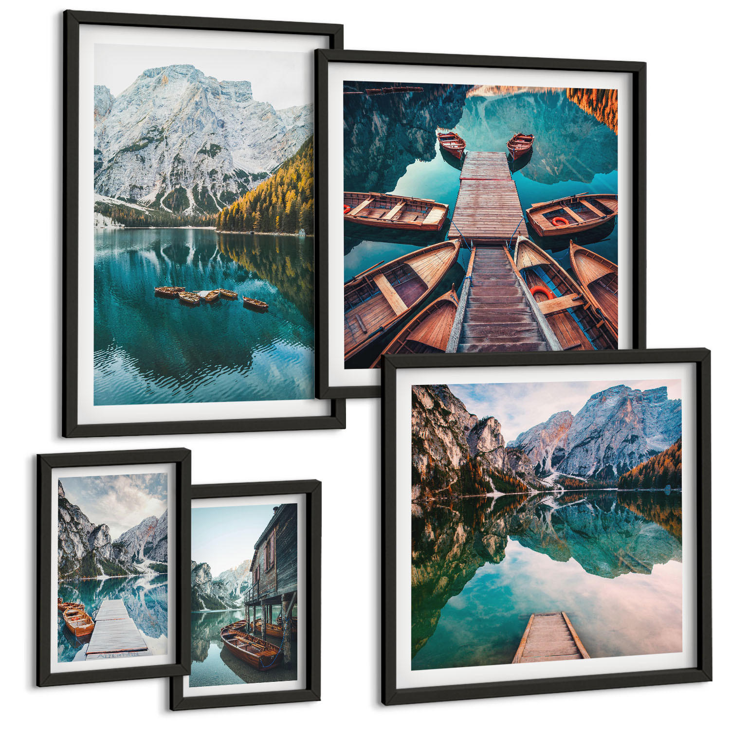 BILDER SET 5er Set - 50x50 cm & 20x30 cm & 40x60 cm Schwarzer Rahmen - Ansichten von Griechenland, Łódź, Häuser - Schwarz, Kunststoff (40/60cm) - TULUP
