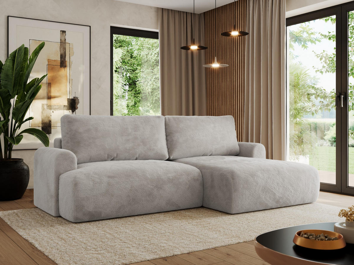 ECKSCHLAFSOFA TONO L Hellgrau Plüsch - rechts - Hellgrau/Schwarz, Kunststoff/Textil (150/260cm) - MKS