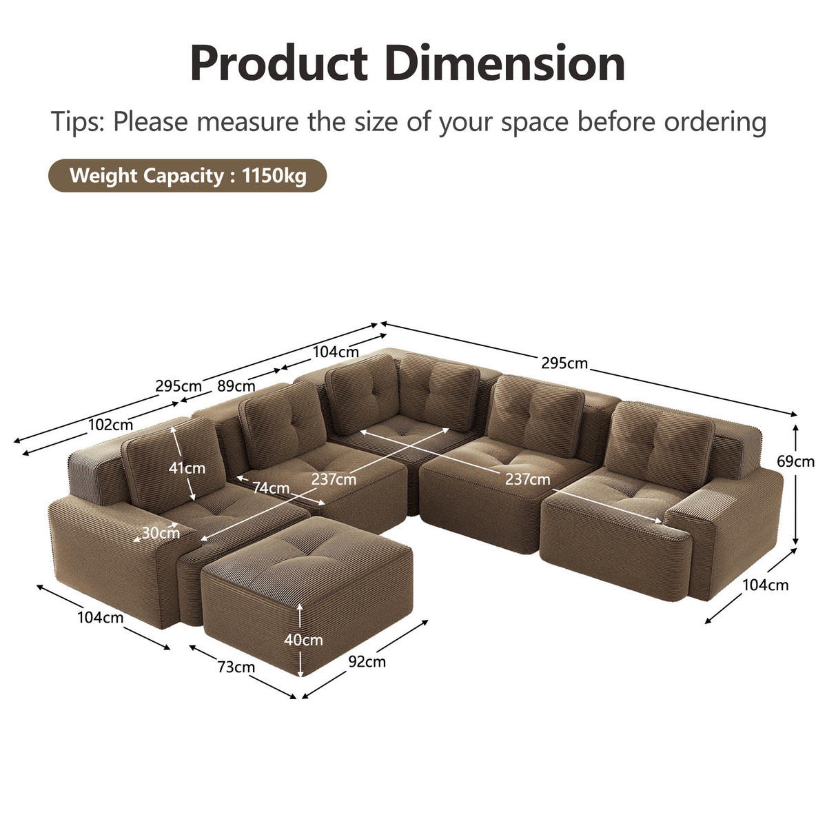 ECKSOFA 295/295/69 cm braun aus Cord mit rutschfestem Stand - Braun, Textil (295/295cm) - OKWISH