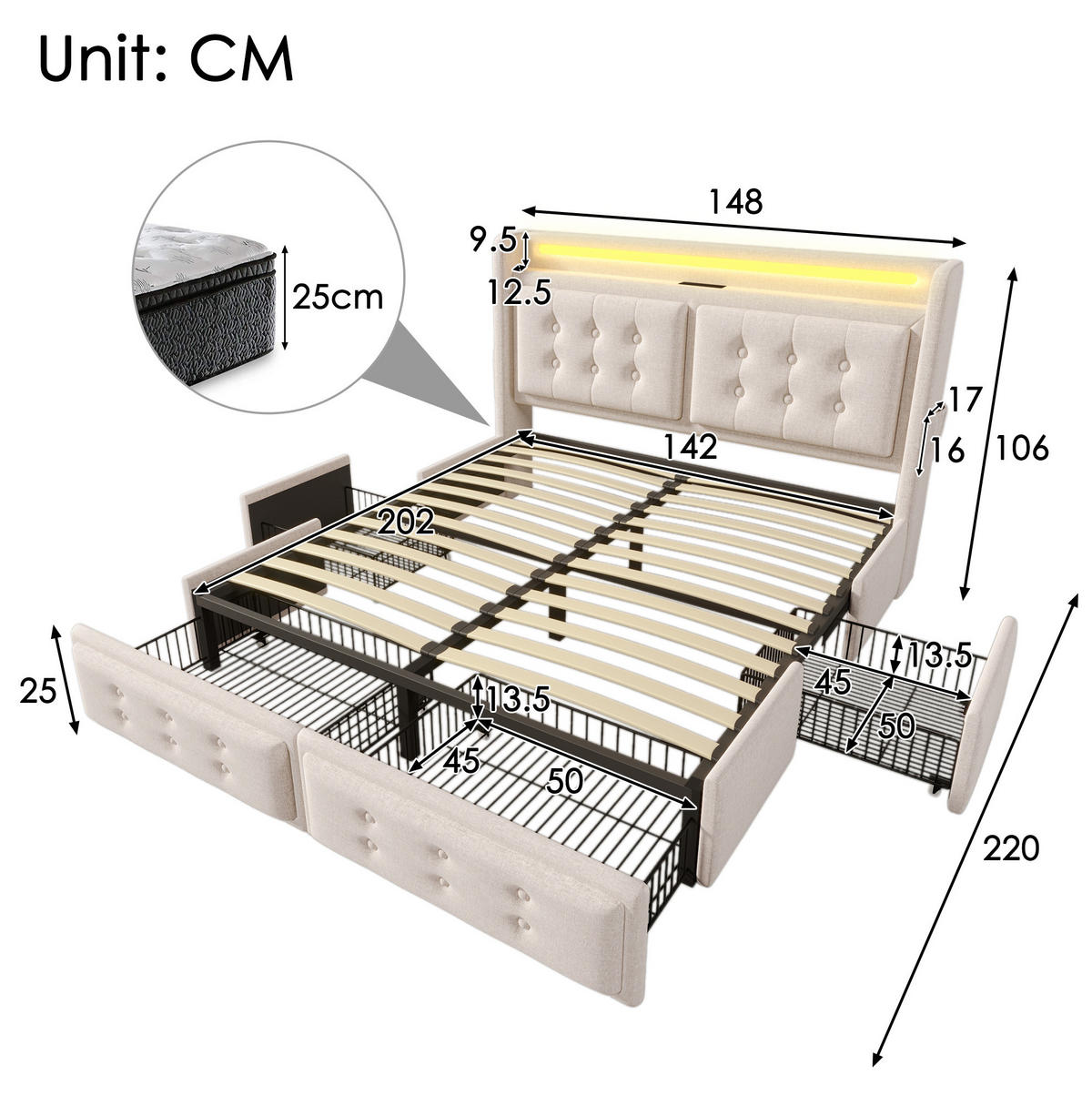 BETT mit LED, USB-C und 4 Schubladen 140x200 cm Beige - Beige, Metall (140/200cm) - Meubliv
