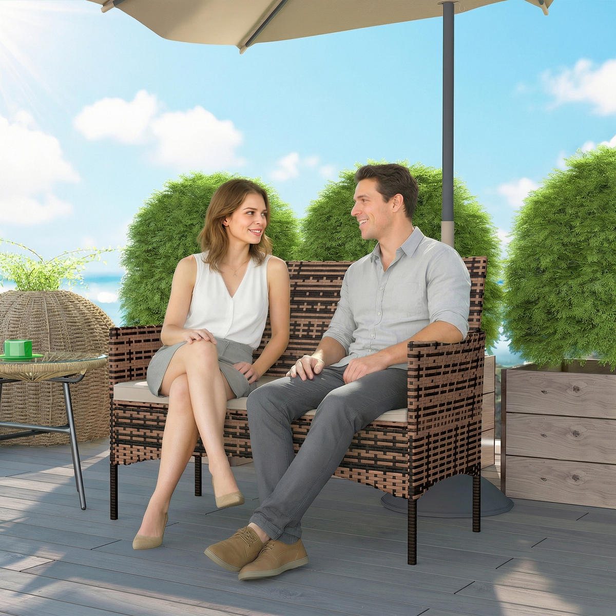 GARTENBANK aus PE-Rattan mit Auflage, Khaki - Beige/Schwarz, Textil/Metall - Outsunny