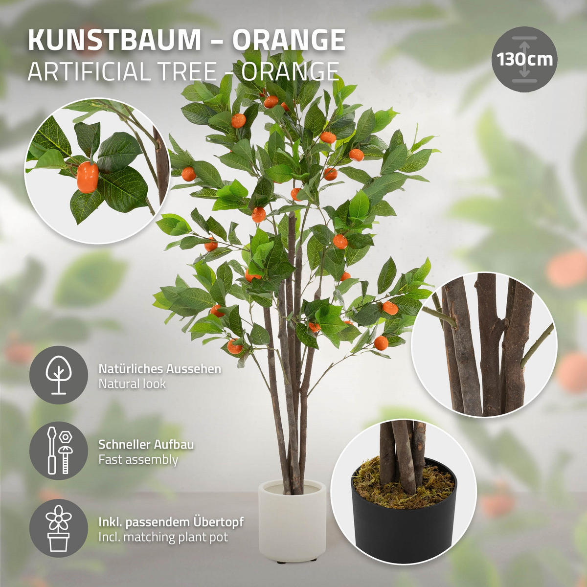 KUNSTPFLANZE Orangenbaum 130 cm aus Kunststoff - Orange/Grün, Kunststoff/Textil (130cm) - ML-DESIGN