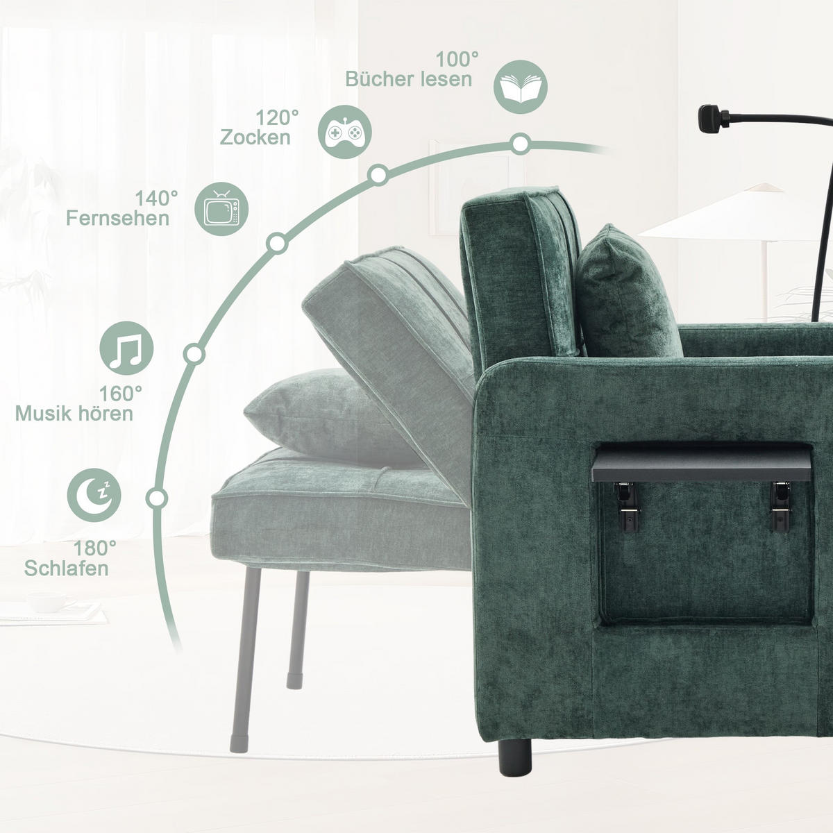 FERNSEHSESSEL Relaxsessel,Polsterliege mit Stauraum,Chenille,Grün - Grün, Textil (79/83/167cm) - LVHOM