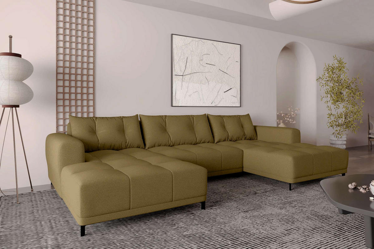 WOHNLANDSCHAFT Strukturstoff Khaki inkl. Schlaffunktion - Schwarz/Olivgrün, Textil/Metall (348/94/181cm) - 99rooms