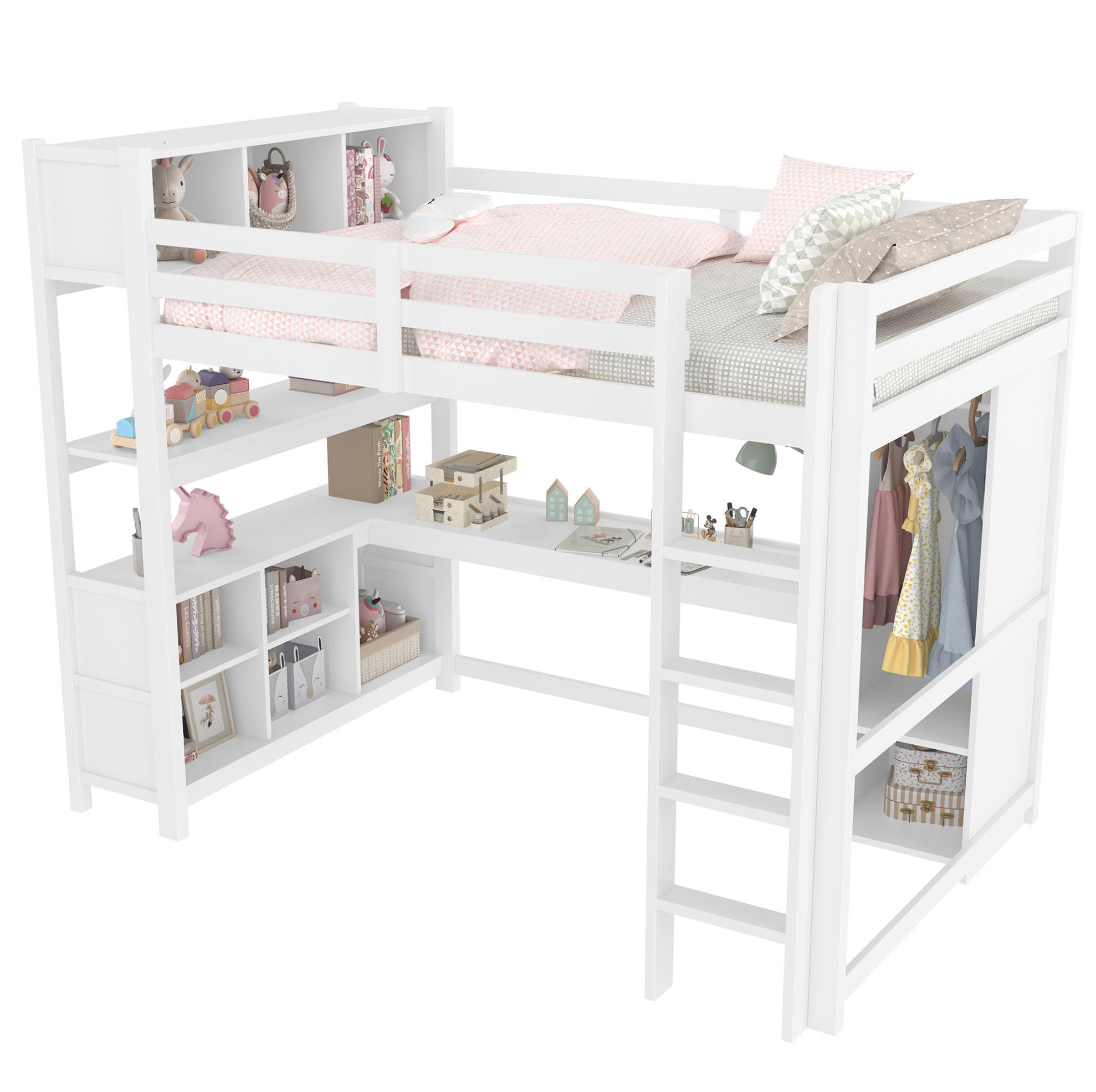 HOCHBETT 140/200 cm in Weiß – mit Schreibtisch, Regalen und Kleiderschrank - Weiß, Holz (140/200cm) - BEAOK