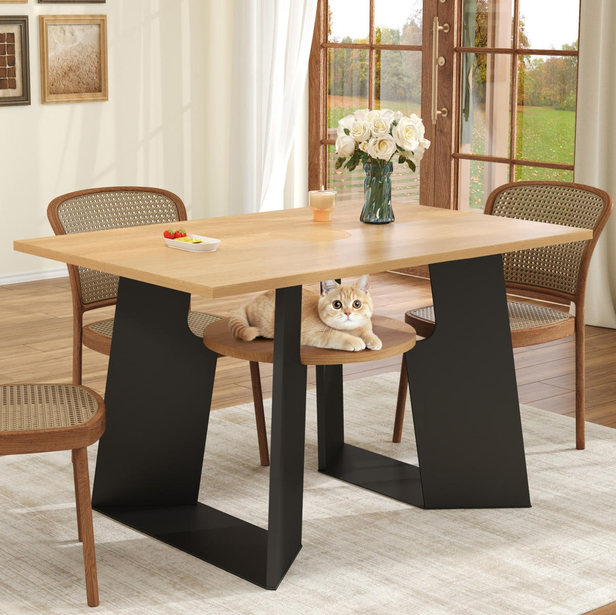 ESSTISCH aus MDF 130x85x75 cm Schwarz/Natur mit Katzenöffnung, Abdeckplatte und unterer Ablage - Schwarz, Holzwerkstoff (130/85/75cm) - Modfu