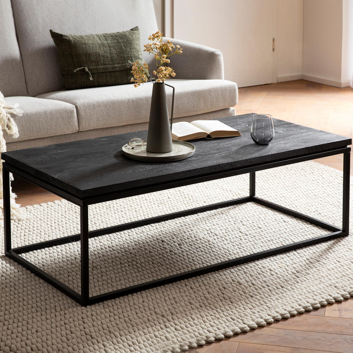 COUCHTISCH aus Mango Massivholz und Metall, Quadratisch, Natürliche Holzmaserung, Schwarz 120 x 60 x 40 cm - Schwarz, Holz/Metall (60/120/40cm) - KADIMA DESIGN