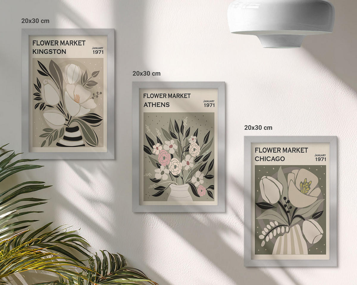 BILDER SET 3er Set - 20x30 cm Silberner Rahmen - Retro-Blumenarrangements - Silberfarben, Kunststoff (20/30cm) - TULUP