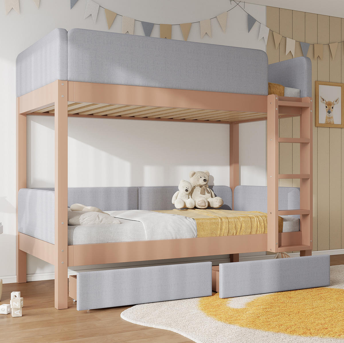 ETAGENBETT 90/200 cm Grau/Natur mit 2 Schubladen und gerader Treppe - Grau, Holz (90/200cm) - Flora Grace