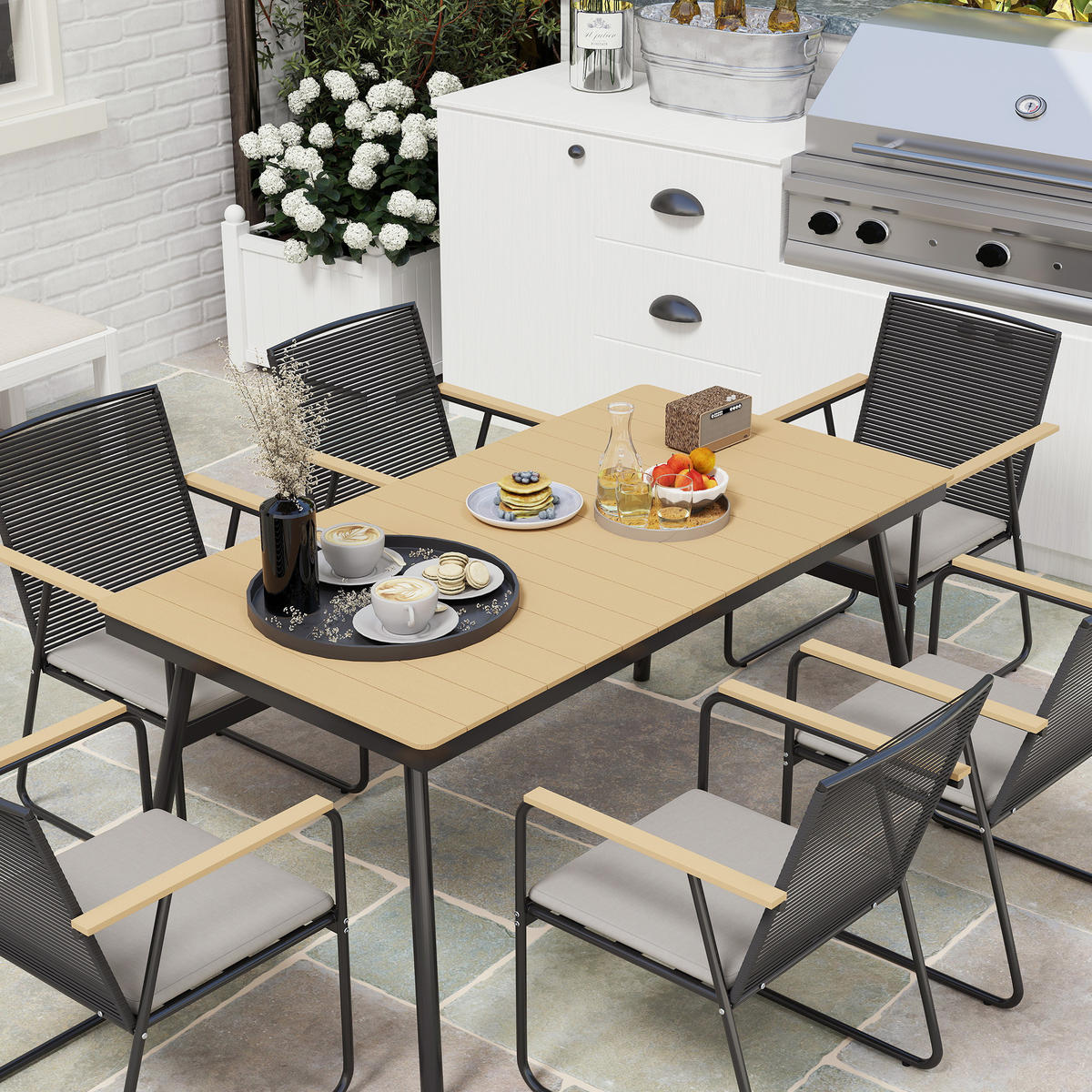 SITZGRUPPE 7-teilig Metall Essgruppe für 6 Personen Esstisch mit Tisch 6 Stühlen - Naturfarben, Metall - Outsunny