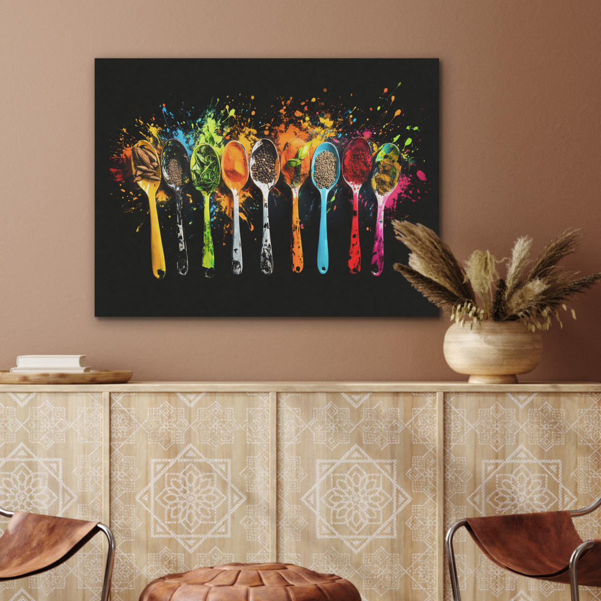 AKUSTIKBILD Löffel - Gewürze - Modern - Graffiti - Farbe - Farbenfroh Gemälde 80x60 cm - Multicolor, Textil (80/60/0.9cm) - MuchoWow