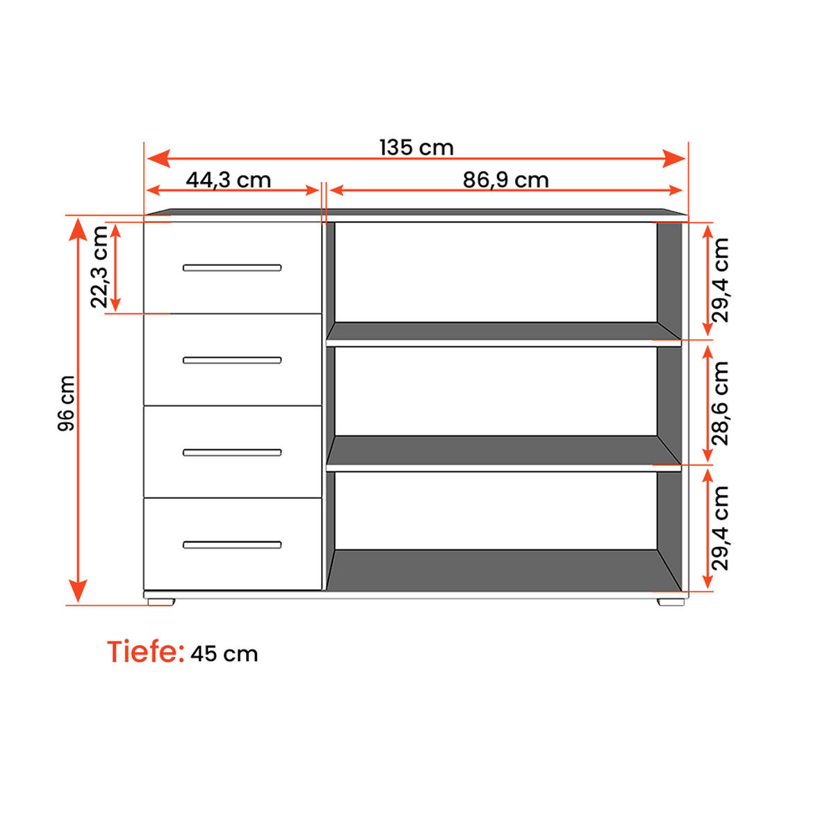 KOMMODE FRIDA 01 KK 135 cm Kaschmir/Kaschmir, vier Schubladen, zwei Drehtüren, schwarze Griffe - Kaschmir/Schwarz, Holzwerkstoff/Kunststoff (135/96/45cm) - imoebel24