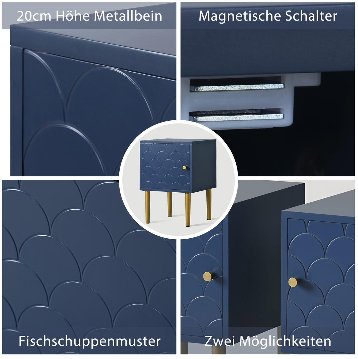 NACHTTISCH 35/35/51 cm marineblau aus Holz-Metall mit Magnettür - Dunkelblau, Holz (35/51/35cm) - OKWISH