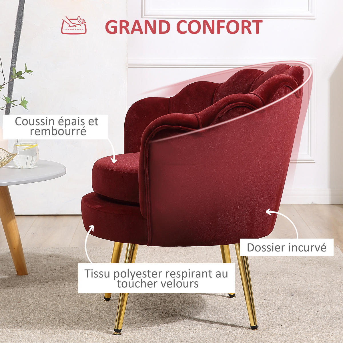 SESSEL DE-13421 Muschelform mit Samt & goldenen Metallfüßen Rot - Weinrot, Textil (67/74/76cm) - ComfortXL