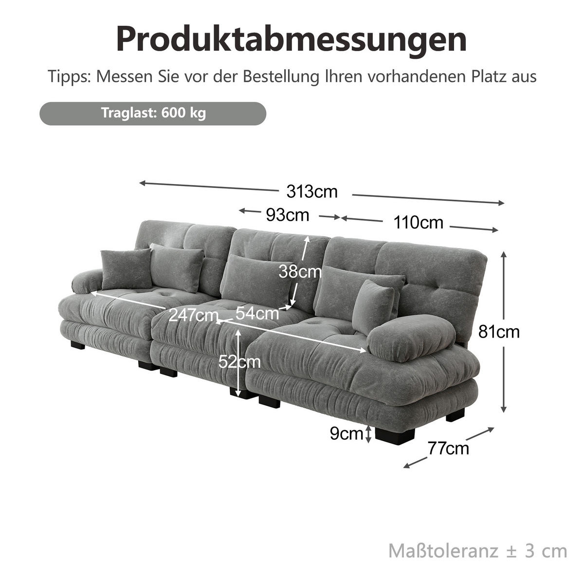 3-SITZER Sofa aus Chenille in Grau 313x77x81 cm mit tiefem Sitz - Grau, Textil (313/81/77cm) - IVMEU