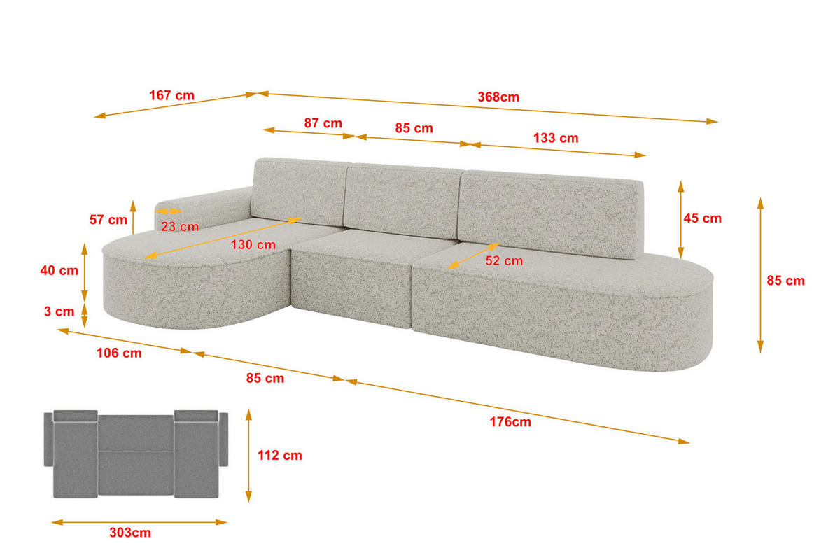ECKSOFA mit Schlaffunktion Ottomane Links MARI L2-S 368X167X85 Hellgrau Velours - Edelstahlfarben/Schwarz, Holzwerkstoff/Kunststoff (368/167cm) - ALTDECOR