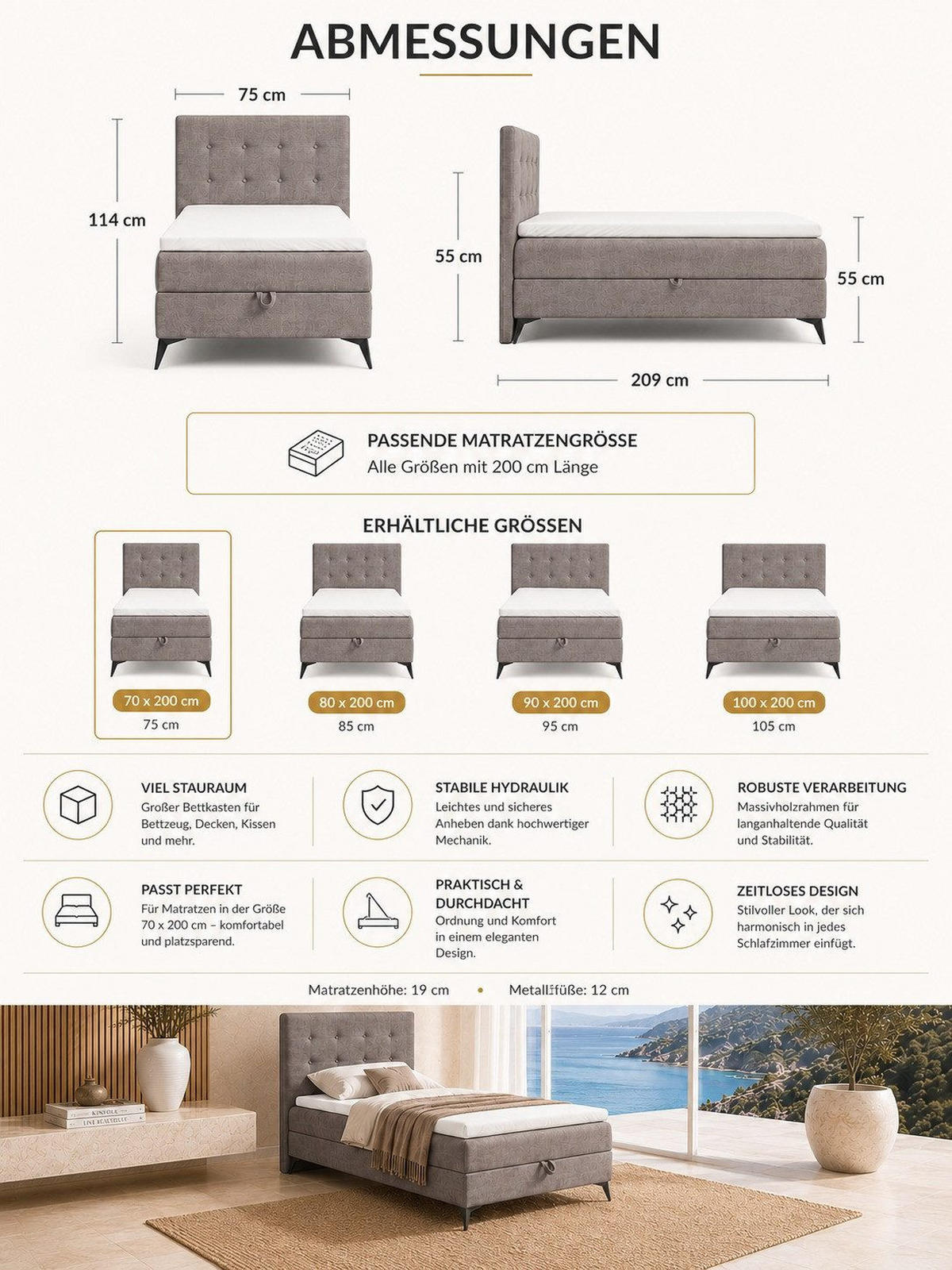 BOXBETT K15 Single SLIM mit Bettkasten & Bonell-Federkern ohne Topper - Taupe, Holz/Textil (200/70cm) - Best For Home