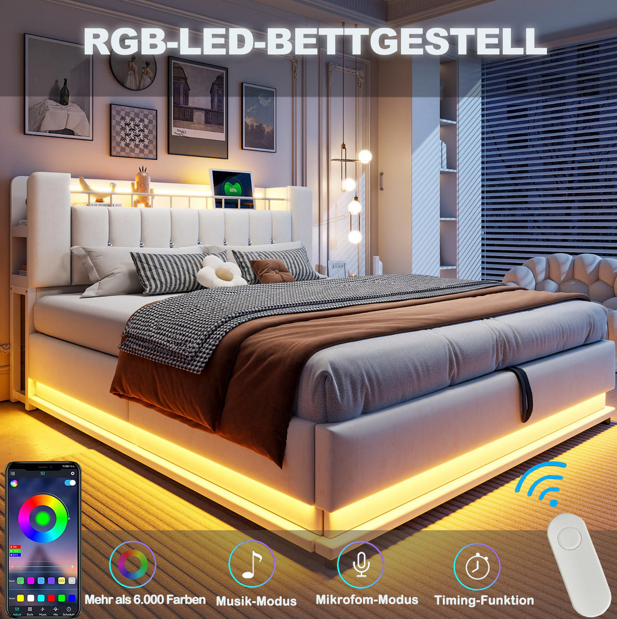 ČALÚNENÁ posteľ, 180/200 cm, béžová, s LED osvetlením a hydraulickým úložným priestorom - béžová, textil (180/200cm) - BEAOK