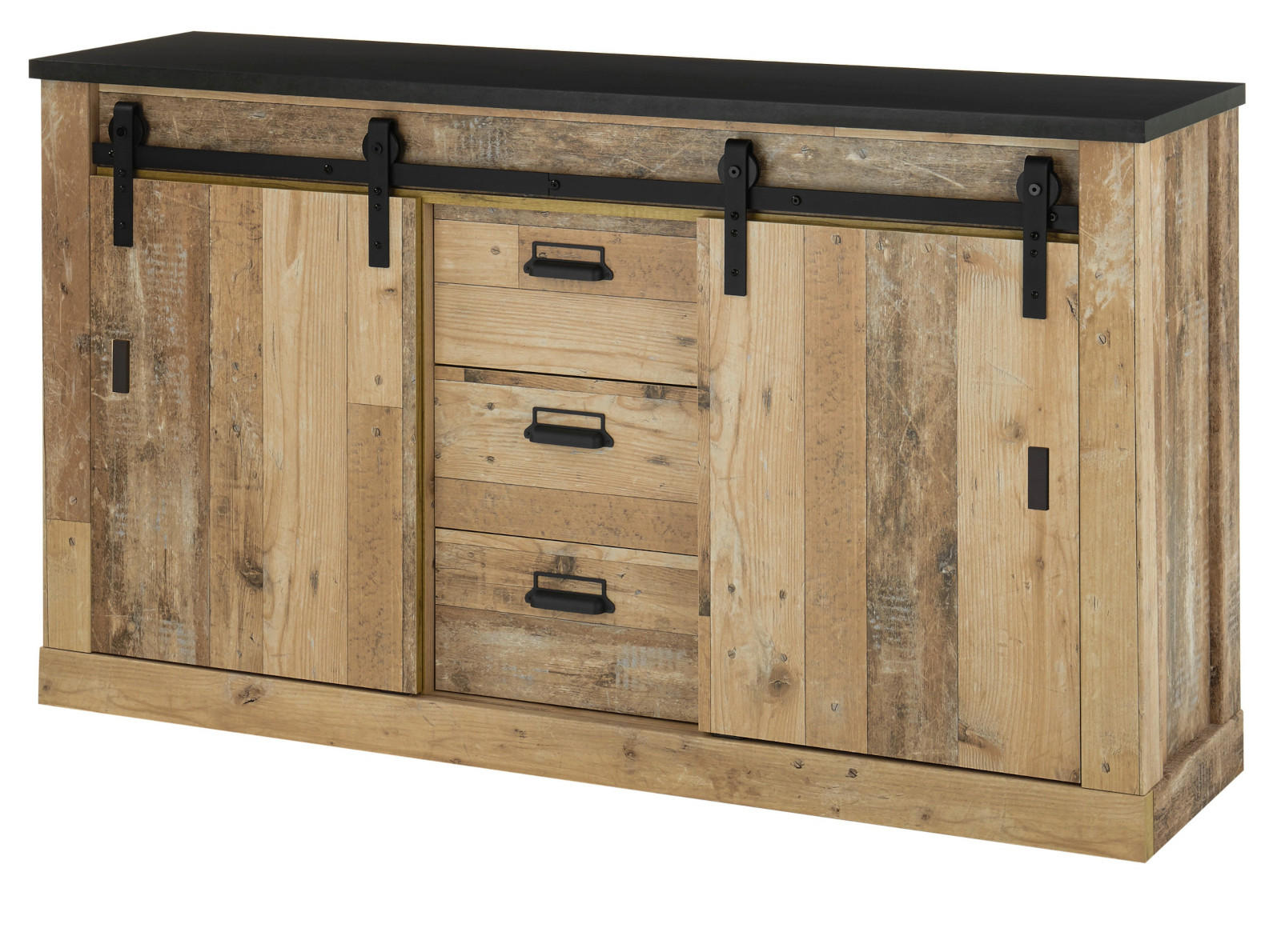 SIDEBOARD Used Wood hell, anthrazit 162 cm, Kommode mit Soft-Close - Anthrazit/Schwarz, Holzwerkstoff/Metall (162/91/43cm) - Furn.Design