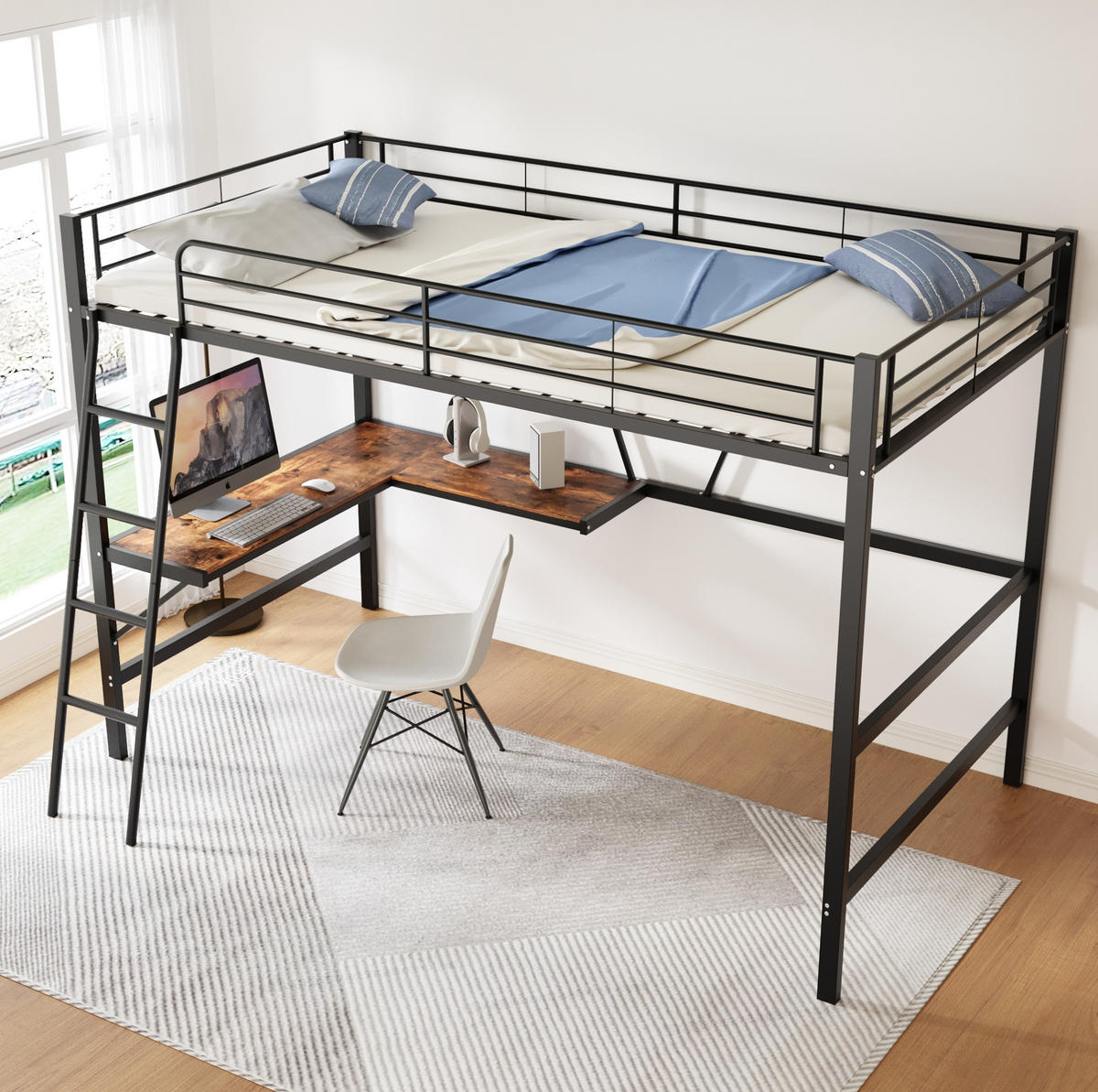 HOCHBETT 90/200 cm schwarz mit L-förmigem Schreibtisch und Regal mit Matratze - Schwarz, Metall (90/200cm) - OKWISH