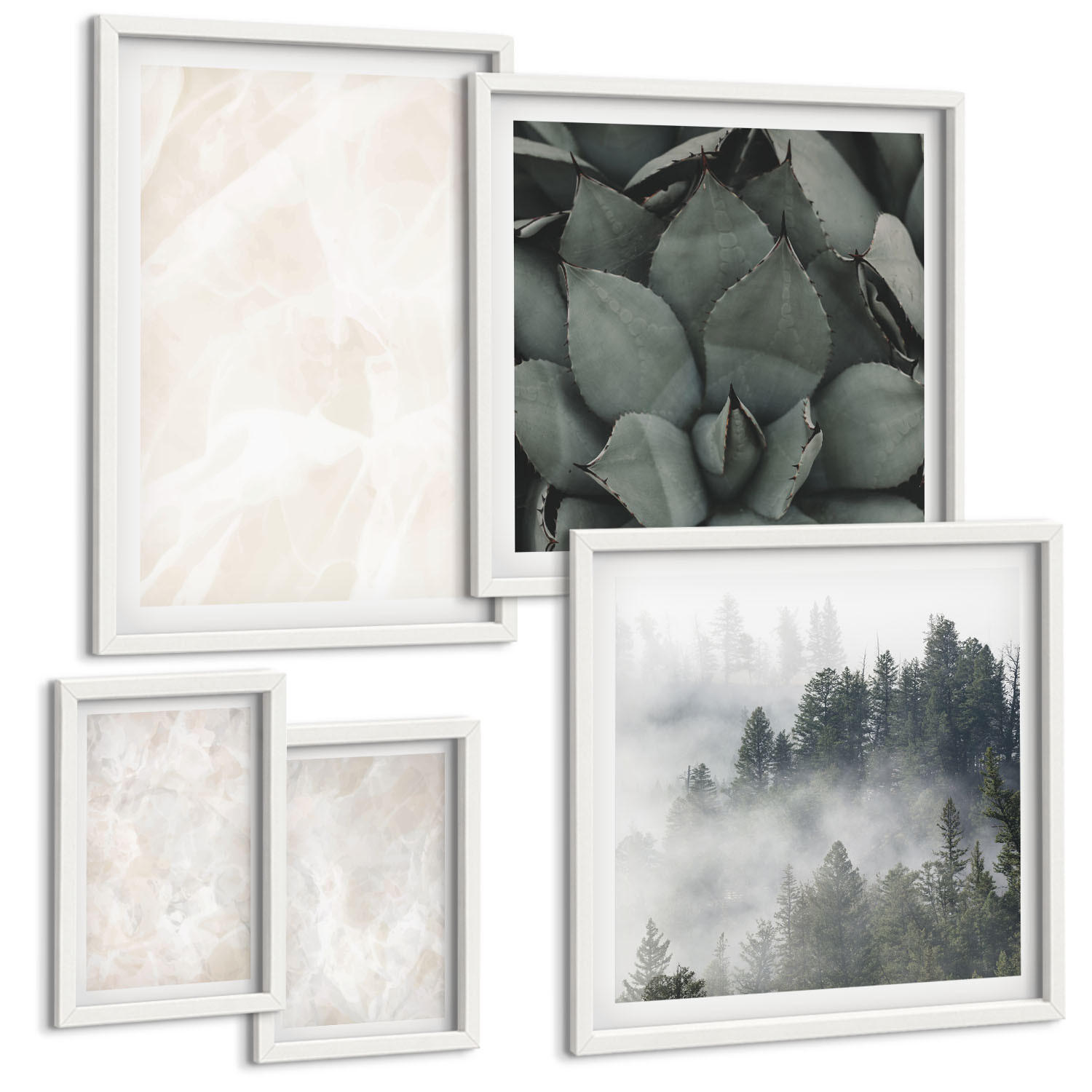 BILDER SET 5er Set - 50x50 cm & 20x30 cm & 40x60 cm Weißer Rahmen - Steinpastellmarmor - Weiß, Kunststoff (40/60cm) - TULUP