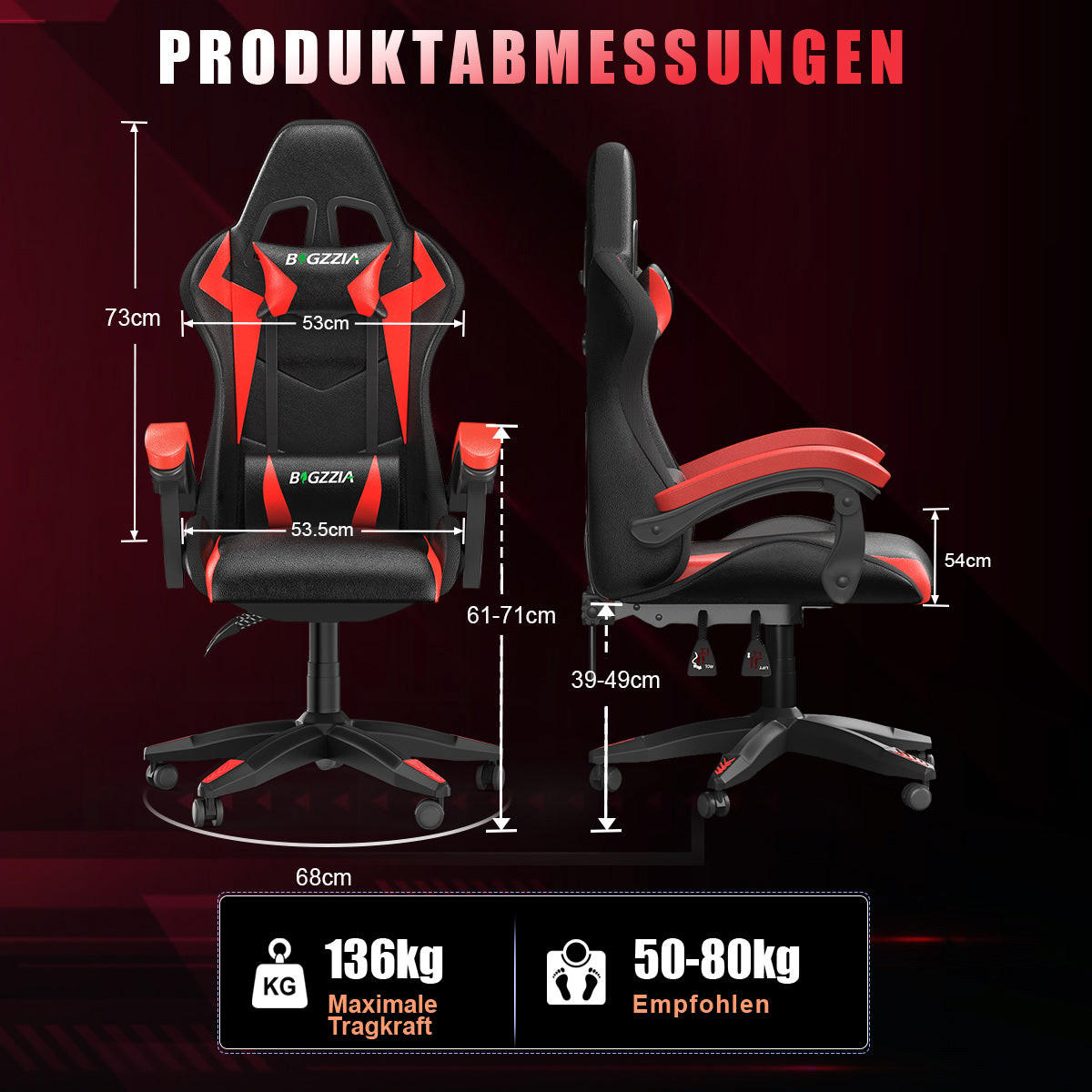 GAMING-STUHL LED, höhenverstellbar, Lenden- & Kopfstütze – Schwarz/Rot - Rot, Leder (53.5/117/54cm) - Rattantree
