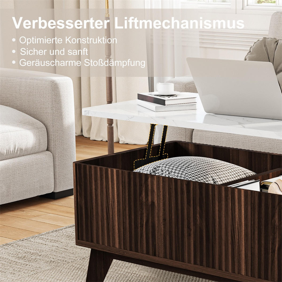 COUCHTISCH in weißer Marmoroptik - Couchtisch Rechteckig mit Lift-Funktion Stauraum und Holzbeinen - Walnuss - Walnussfarben, Holzwerkstoff (53/105/42cm) - DELFA