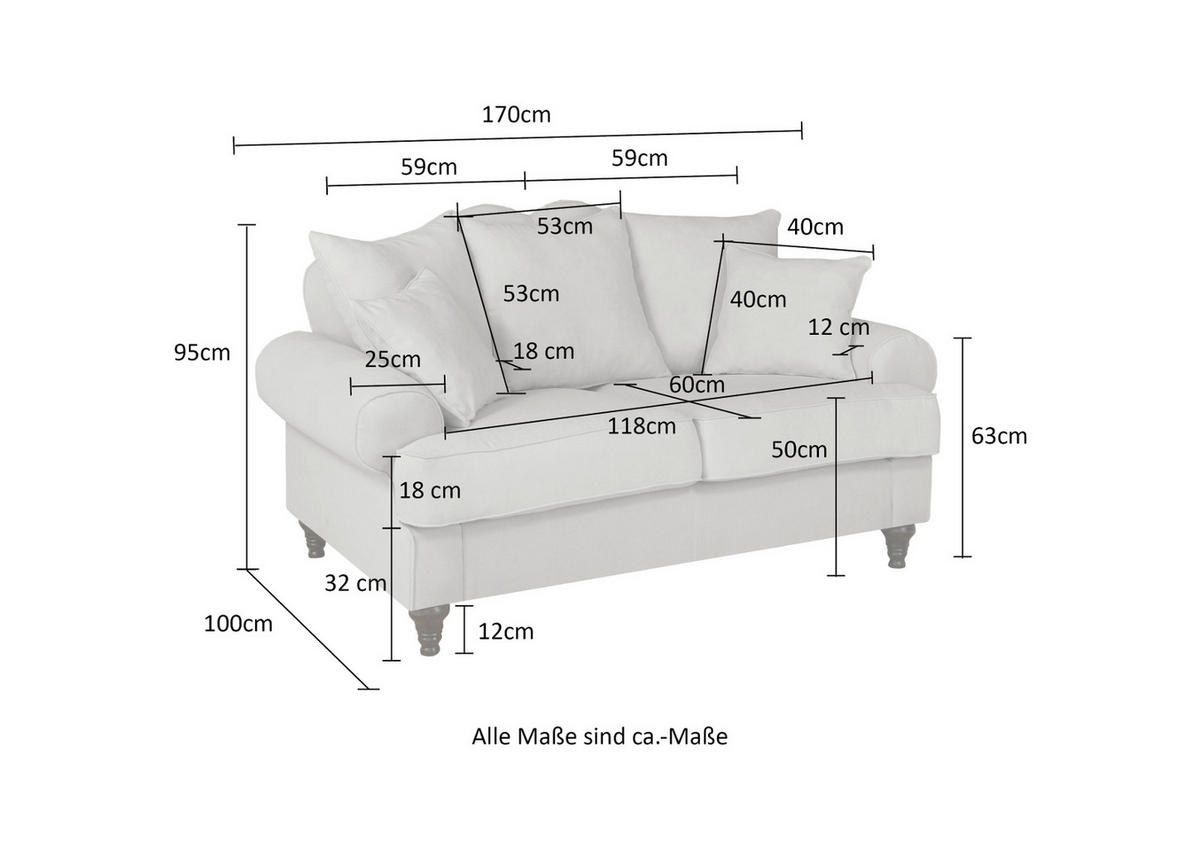 SOFA hellgrau Landhaus, Couch 2-Sitzer 170 cm - Hellgrau, Holz/Textil (170/95/100cm) - Furn.Design