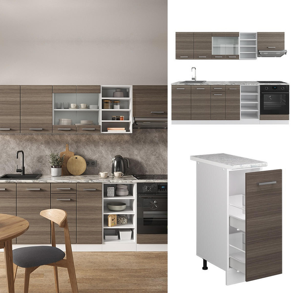 KÜCHENZEILE R-Line Edelgrau/Weiß 240 cm , AP Anthrazit - Braun/Grau, Holzwerkstoff (240/206.8/60cm) - Vicco