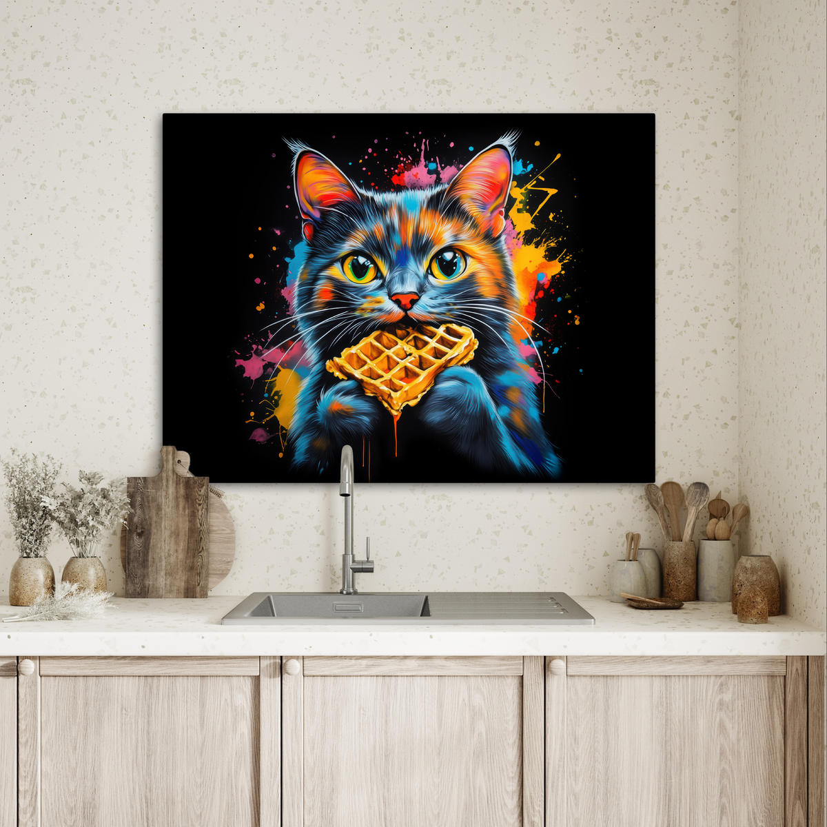 LEINWANDBILD Katze - Graffiti - Bunt - Waffel - Essen Wandbilder 80x60 cm - Türkis, Textil (80/60cm) - MuchoWow