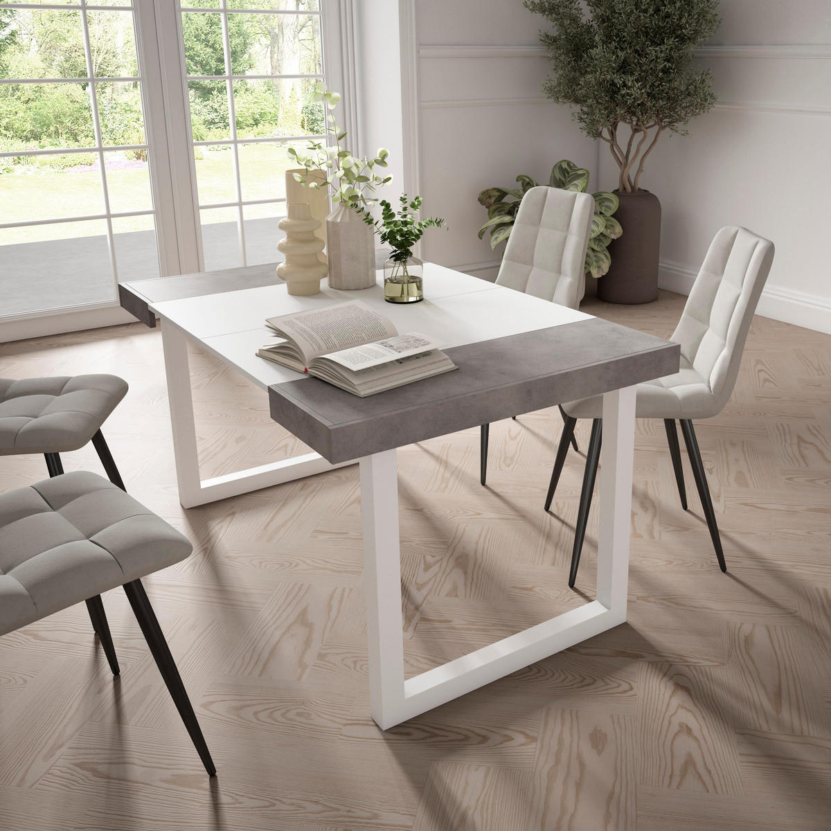 KONSOLENTISCH ausziehbar 58 bis 140cm, für 6 Gäste, zementgrau, 90/58/73cm - Multicolor/Weiß, Holzwerkstoff (90/140/73cm) - Skraut Home