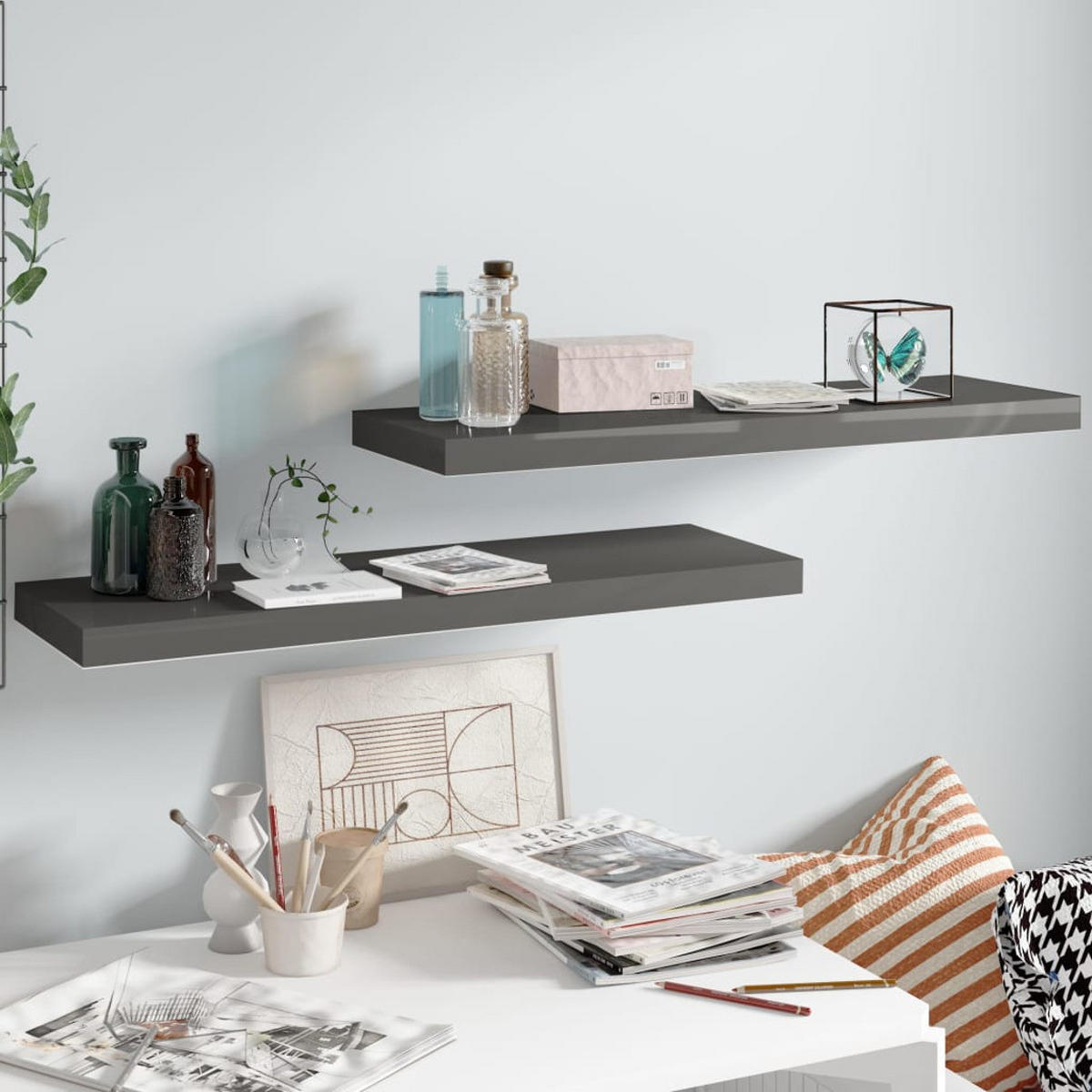 SCHWEBEREGALE 2 STK. HOCHGLANZ-GRAU 80X23,5X3,8 CM MDF - Anthrazit, Holzwerkstoff (23.5/3.8/80cm) - vidaXL