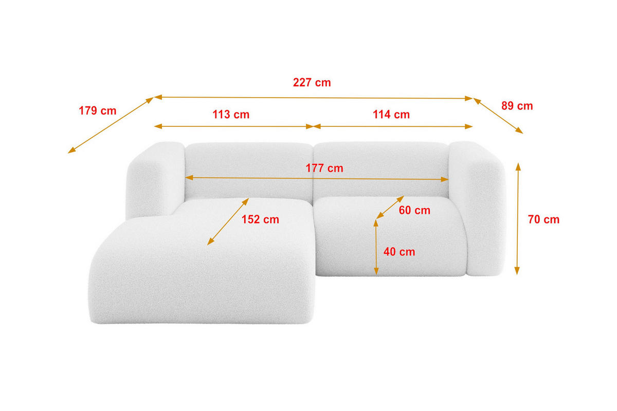 ECKSOFA Ottomane Links MIRA-L1 227x179x89 Weiß Bouclé - Schwarz/Weiß, Holzwerkstoff/Kunststoff (227/179cm) - ALTDECOR