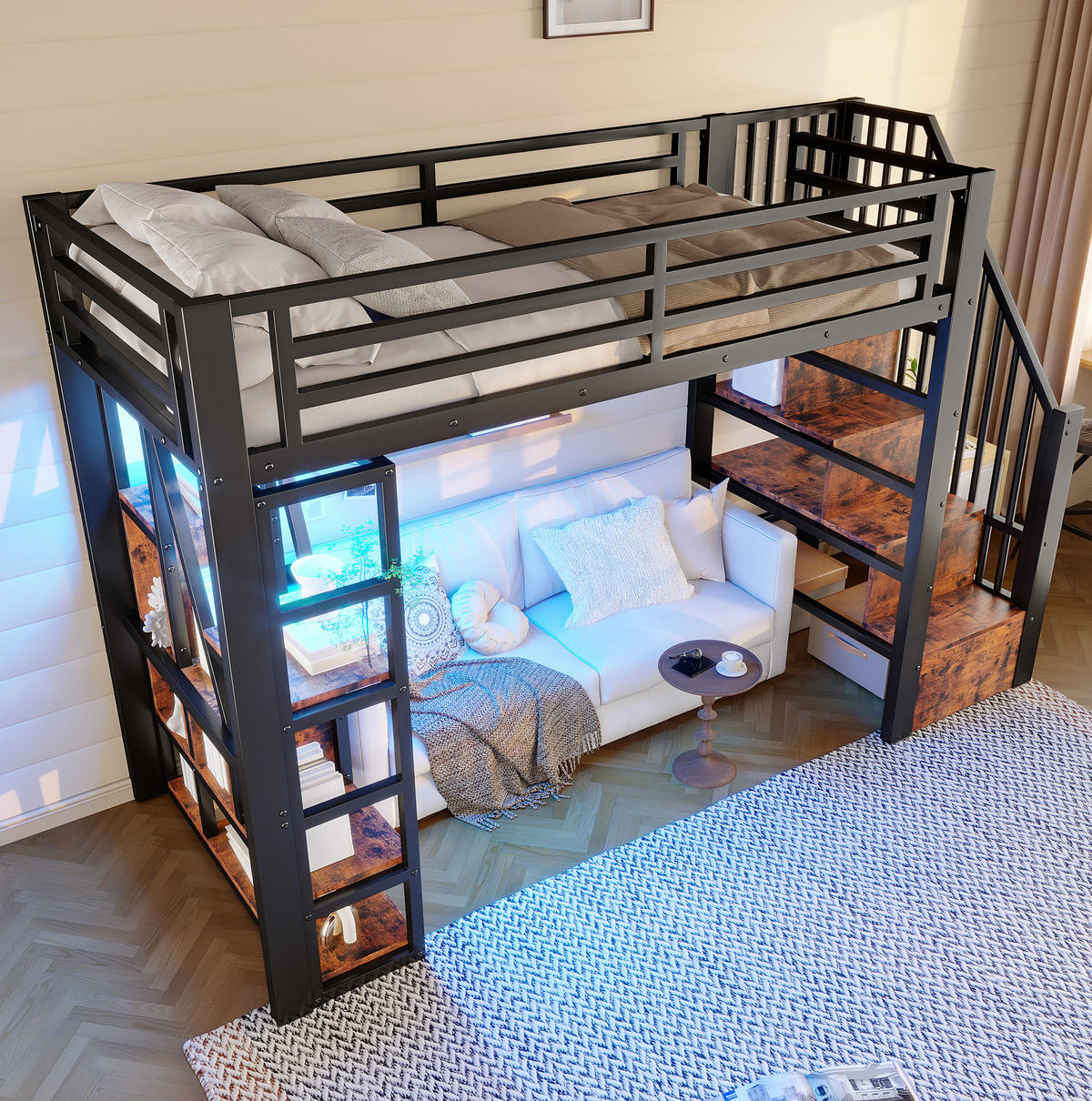 HOCHBETT 90/200 cm aus Metall und MDF mit LED-Beleuchtung, Ablage und Stauraum - Schwarz, Holzwerkstoff (90/200cm) - Flora Grace