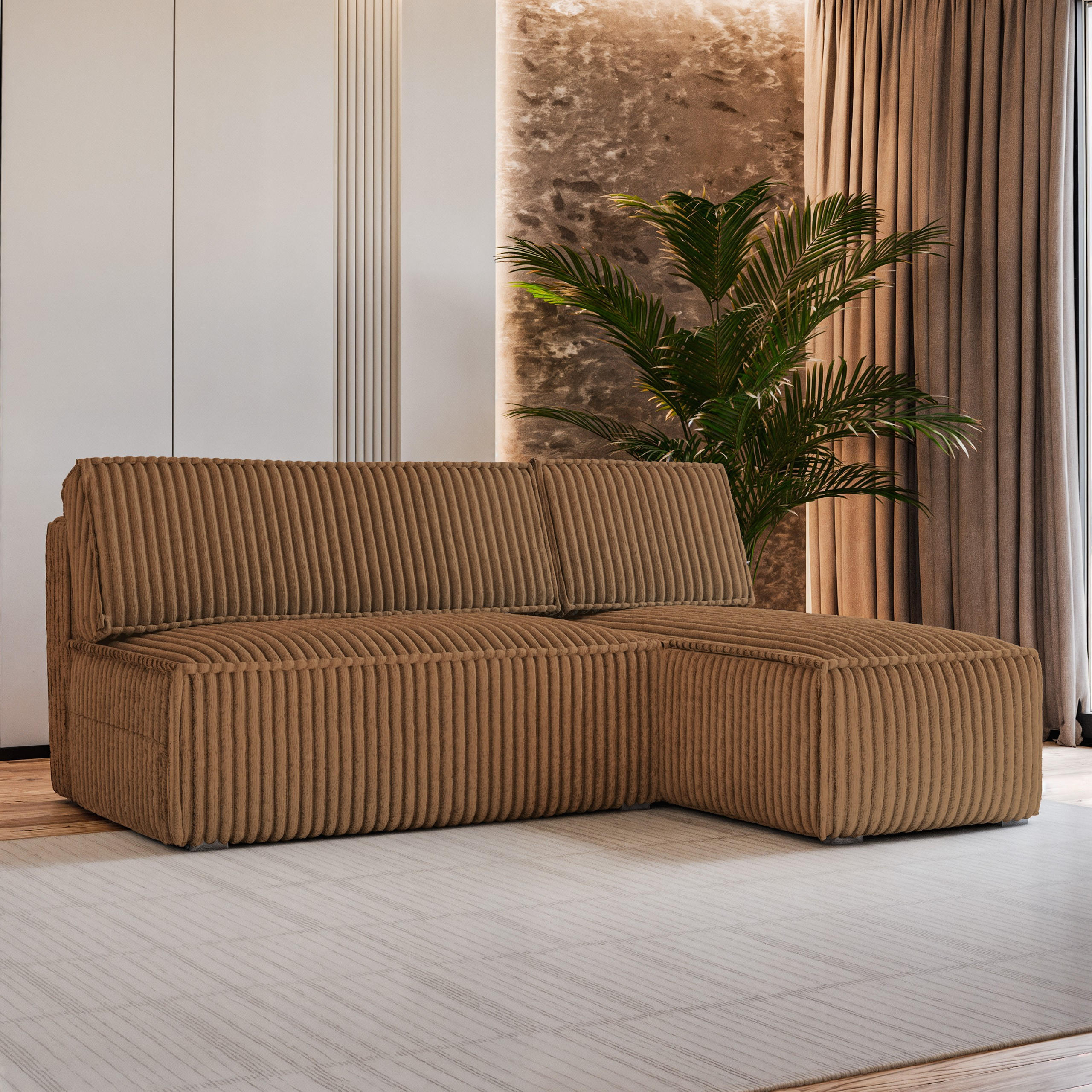 ECKSOFA BRISO T Kupferfarben Kordstoff mit Schlaffunktion - Kupferfarben, Holz (200/140cm) - MASSENO