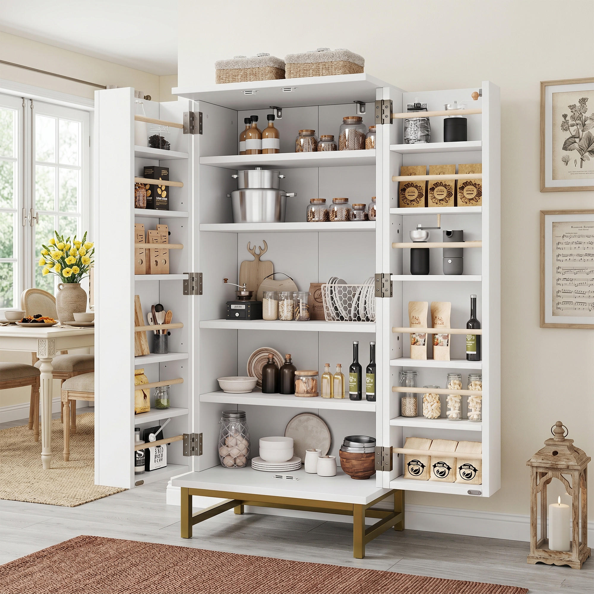KÜCHENSCHRANK 60x40x130 cm, 2 verstellbare Einlegeböden, Türfächer, Weiß/Gold - Weiß, Holzwerkstoff (60/130/40cm) - FOHERE